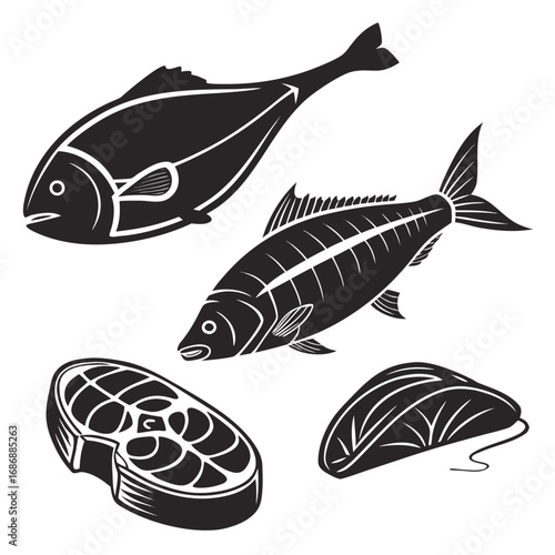 Black fish and seafood silhouettes steak black and white