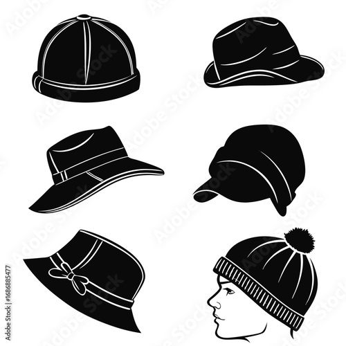 Black hat silhouettes various styles fedora beret