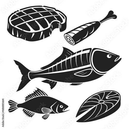Black meat and fish silhouettes steak bone