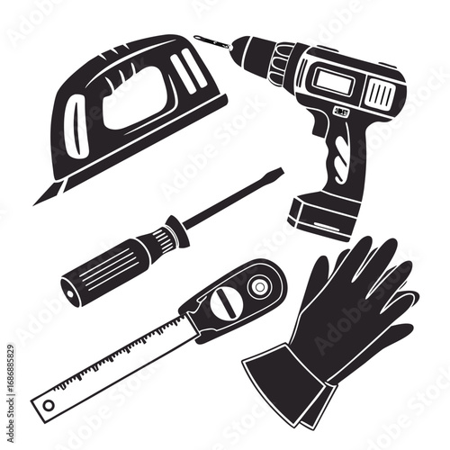 Black silhouette construction tools and gloves jigsaw