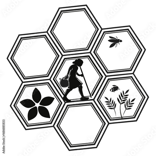 Black silhouette figures and symbols within hexagonal frames