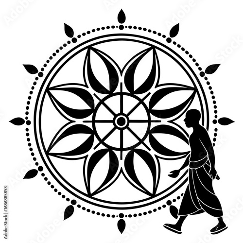 Black silhouette monk walking by dharma wheel white