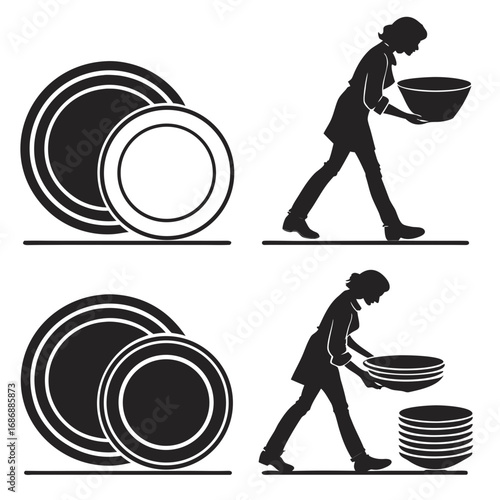 Black silhouette plates bowls woman stacking
