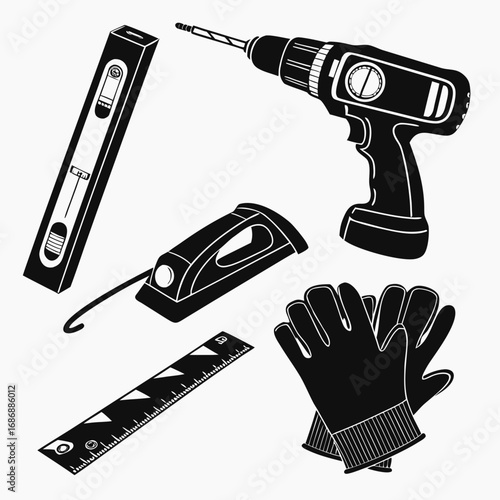 Black silhouettes of construction tools and safety gear