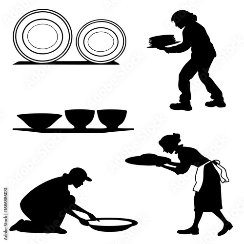 Black silhouettes of people and dishes plates bowls