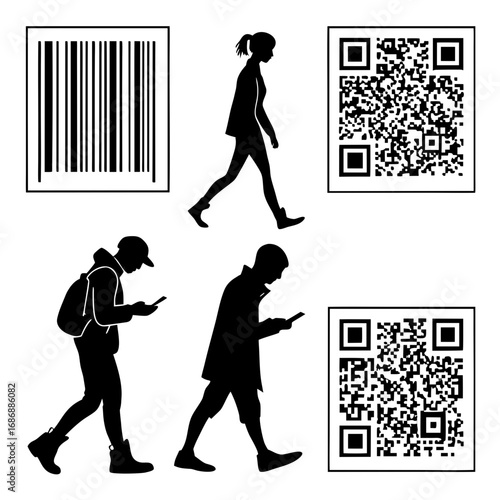 Black silhouettes of people and codes barcode qr code