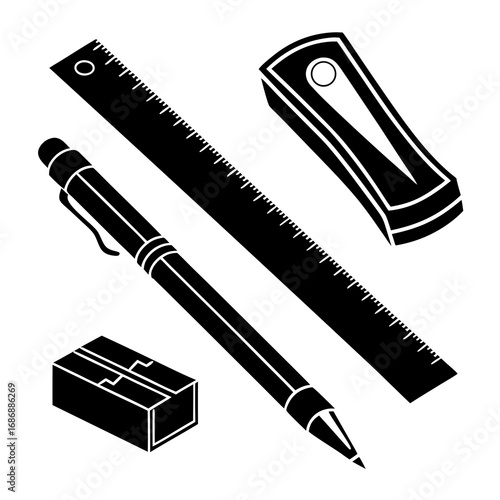 Black stationery items on white background ruler pencil sharpener