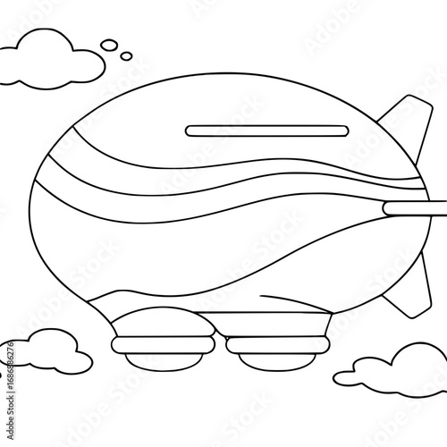 Whimsical blimp floats serenely through cloudy sky, ready for coloring adventures and playful journeys
