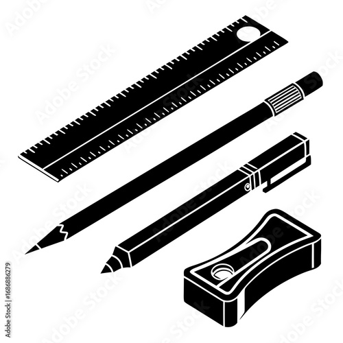Black stationery drawing tools isolated ruler pencil