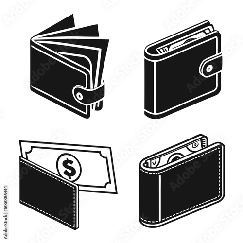 Black wallet icons with money cash currency