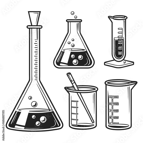 Chemistry glassware collection with liquid laboratory