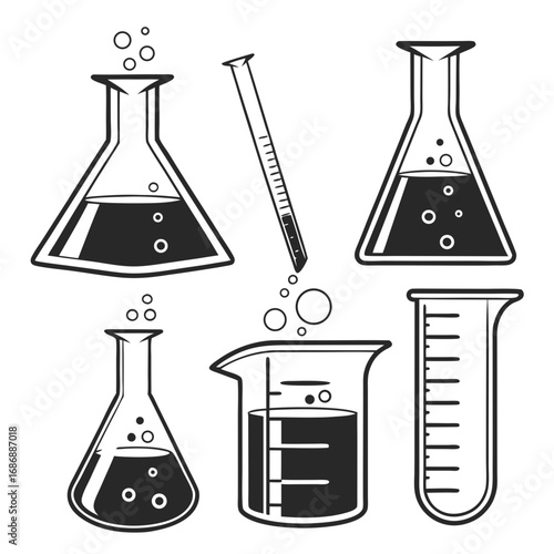 Chemistry glassware collection bubbling liquid flasks