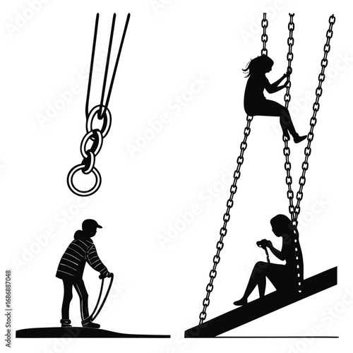 Children playing on chains and swings silhouette