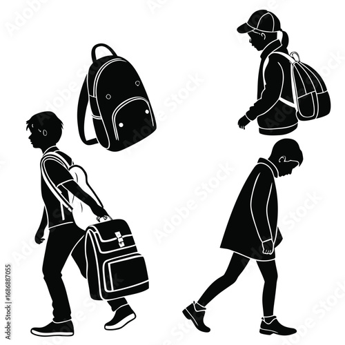 Children carrying backpacks walking school bags silhouettes