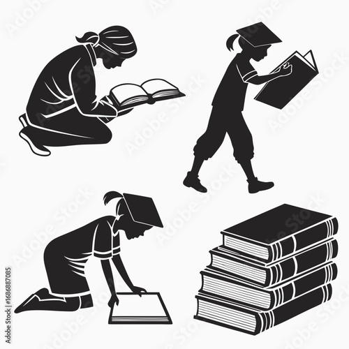 Children reading books and stack of books black and white