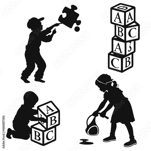Children playing with puzzle and blocks silhouette