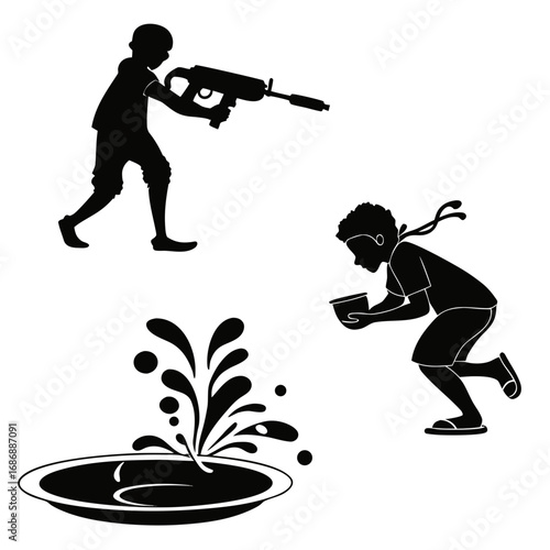 Children playing with water guns and buckets holi celebration