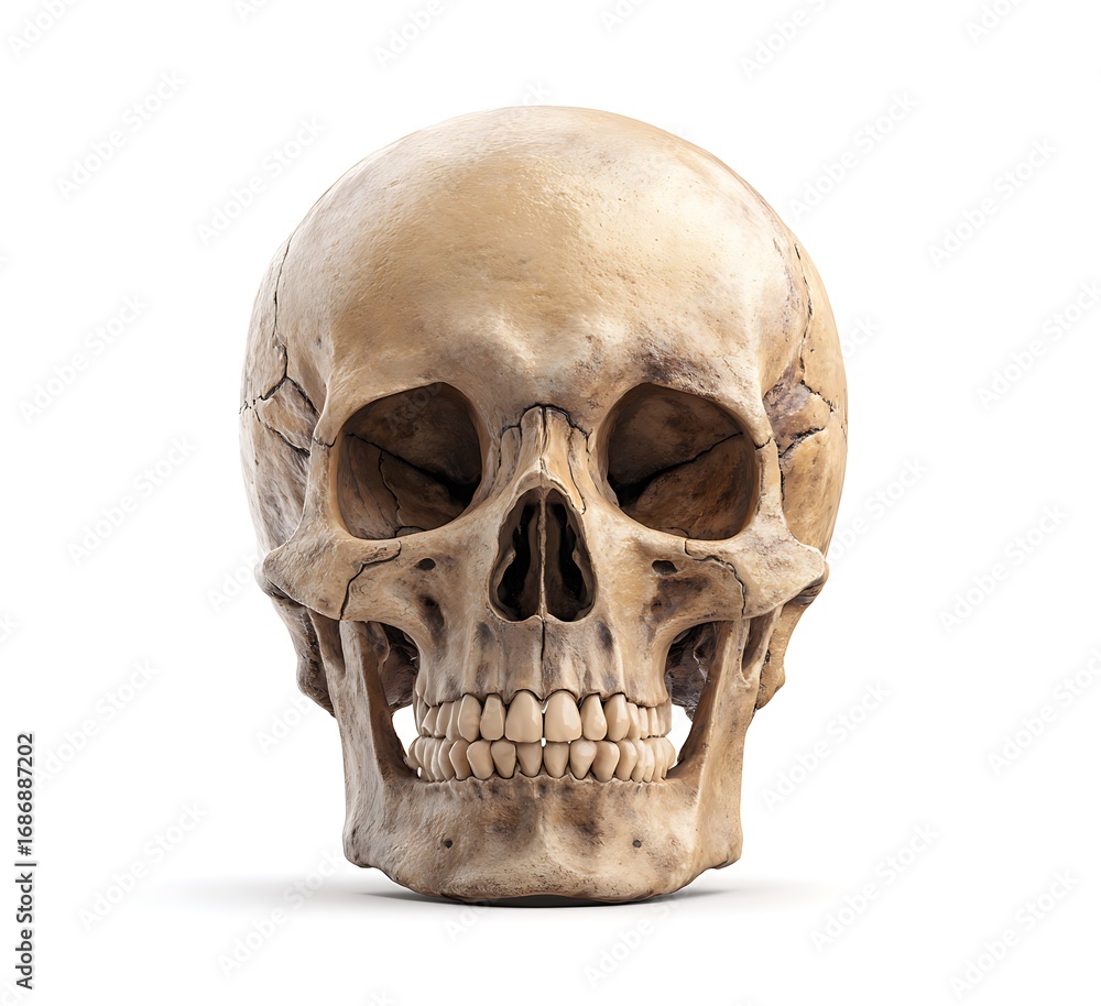 Fototapeta premium Realistic human skull object isolated on white backdrop for creative projects and design