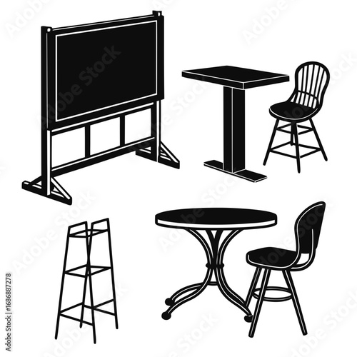 Classroom furniture black silhouettes blackboard tables