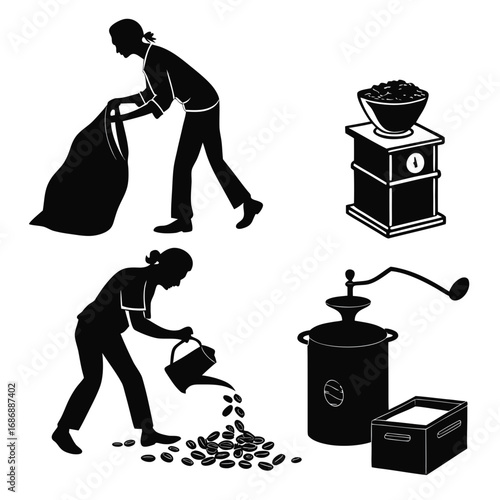 Coffee processing and packaging silhouettes coffee beans