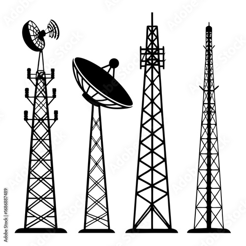 Communication towers with satellite dishes radio antennas