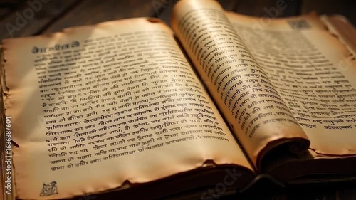 Explore Ancient Sanskrit Scriptures Unlock Sacred Vedic Knowledge Revered Texts in Macro Detail Holy Pages of Old Religious Relics in Stunning 4K