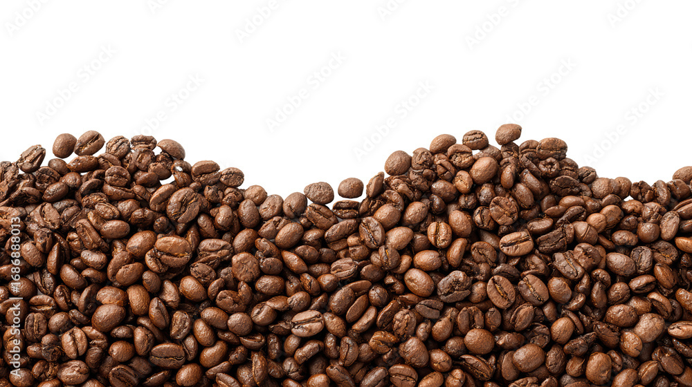 Obraz premium Fresh roasted coffee beans on a black background, perfect for coffee lovers and beverage themes.