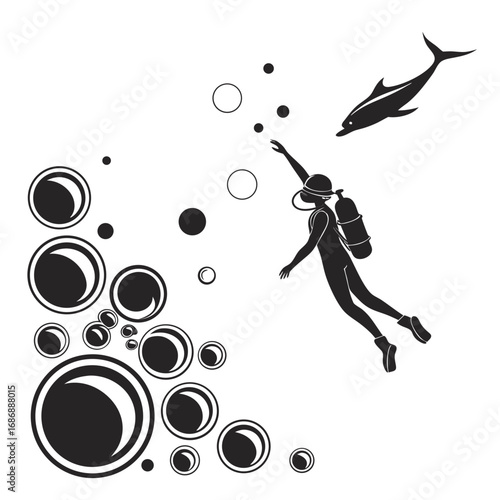 Diver reaching for dolphin surrounded by bubbles underwater