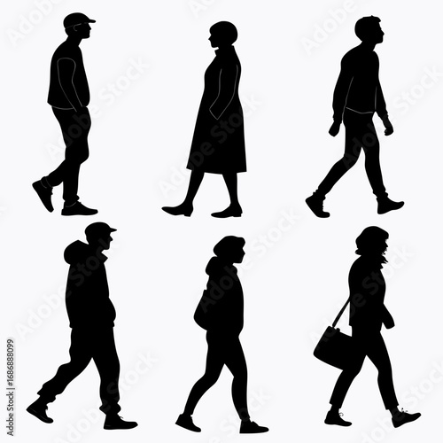 Diverse people walking black silhouettes male female