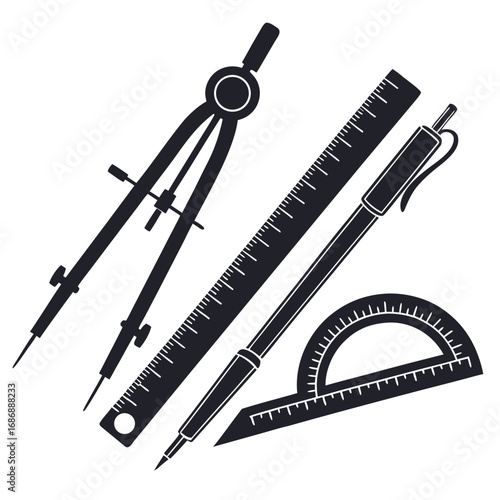 Drafting tools compass ruler pen protractor vector