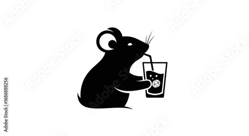Simple black silhouette of a mouse drinking a fizzy beverage.
