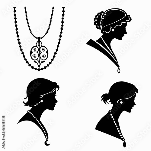 Elegant jewelry silhouettes on white necklace chain