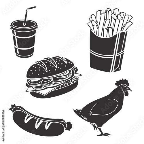 Fast food icons chicken burger drink fries hotdog silhouettes