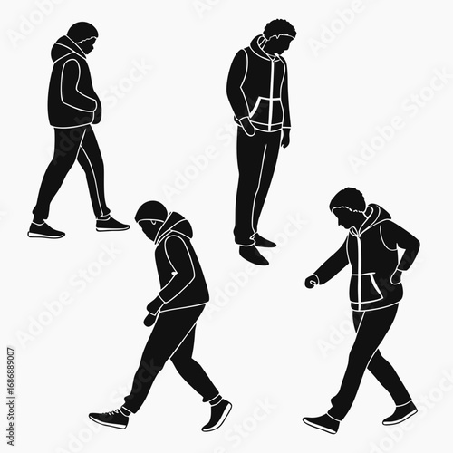 Figures walking hooded jackets silhouette casual wear