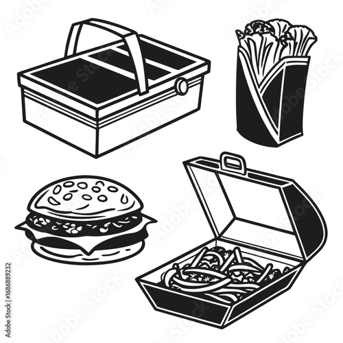 Food containers burger picnic basket takeout vector