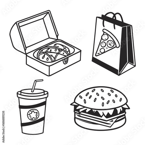 Food container icons pizza burger drink takeaway