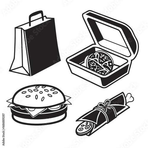Food icons burger takeout box wrap vector