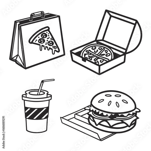 Food icons pizza burger drink takeout bag vector