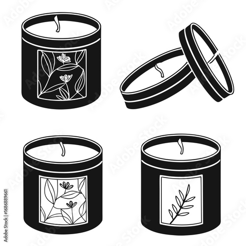 Four black candle jars with floral designs silhouette