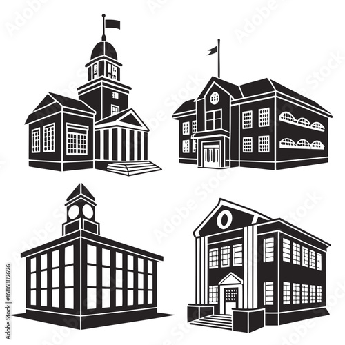 Four black building silhouettes architecture school