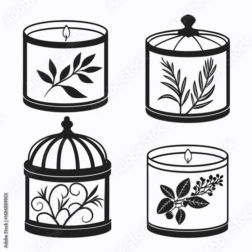 Four decorative candle jars with botanical motifs silhouette