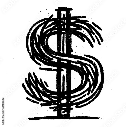 Dollar sign vector – rough charcoal sketch style money symbol, bold finance icon