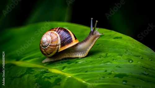 A snail crawling on a vibrant green leaf in a dark and moody environment