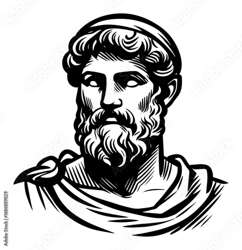 Ancient philosopher bust vector – classical Greek marble head with beard, engraving style illustration