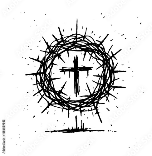 Crown of thorns cross vector – rough sketch Christian symbol of sacrifice, dramatic line art