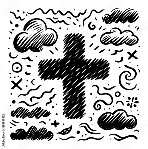 Cross with clouds vector – hand-drawn Christian symbol surrounded by doodle sky elements
