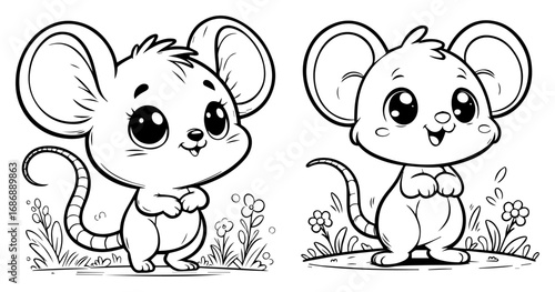 Cute mouse duo vector – adorable cartoon mice standing in grass, playful animal illustration