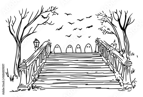 Stone stair bridge vector – old park staircase with bare trees and bats, hand-drawn autumn scene