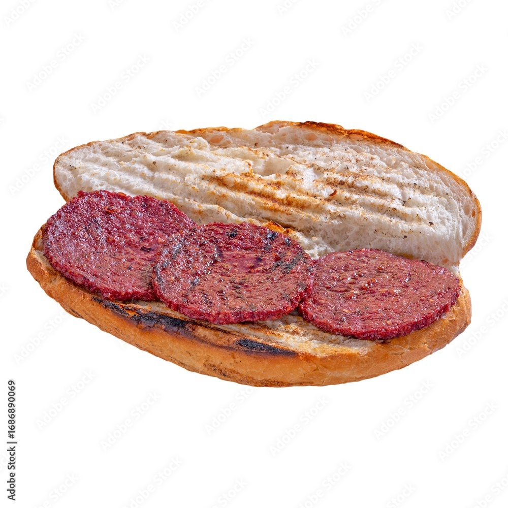 Obraz premium Grilled sausage sandwich on baguette.