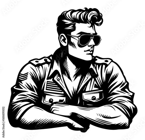 Rebel biker portrait vector – cool man in leather jacket and sunglasses, retro rockabilly style